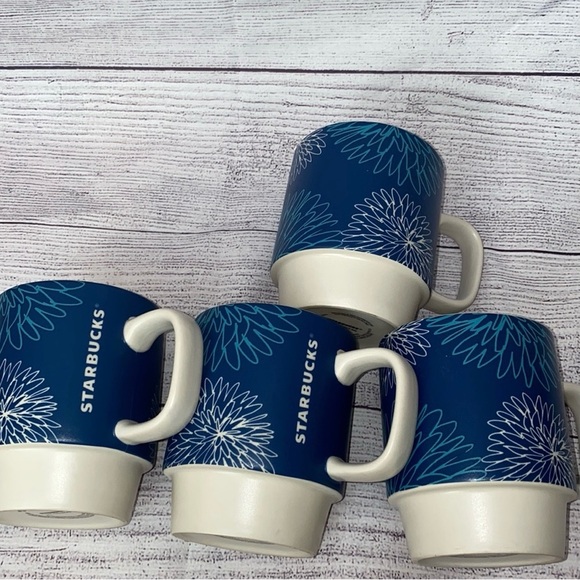 Starbucks Stackable Mugs 4 Blue Teal Floral Cups - Picture 2 of 3